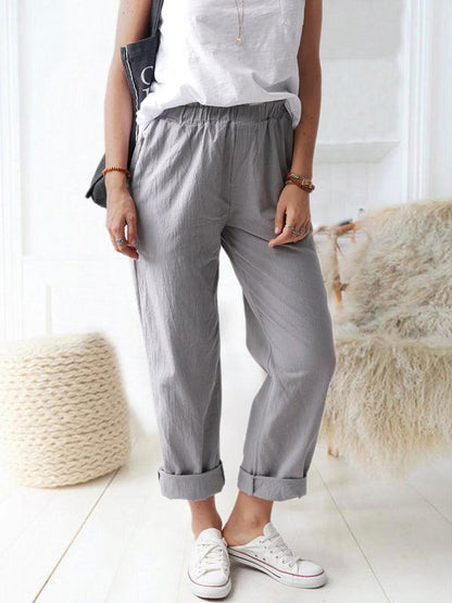 New style solid color casual elastic high waist straight trousers women Grey