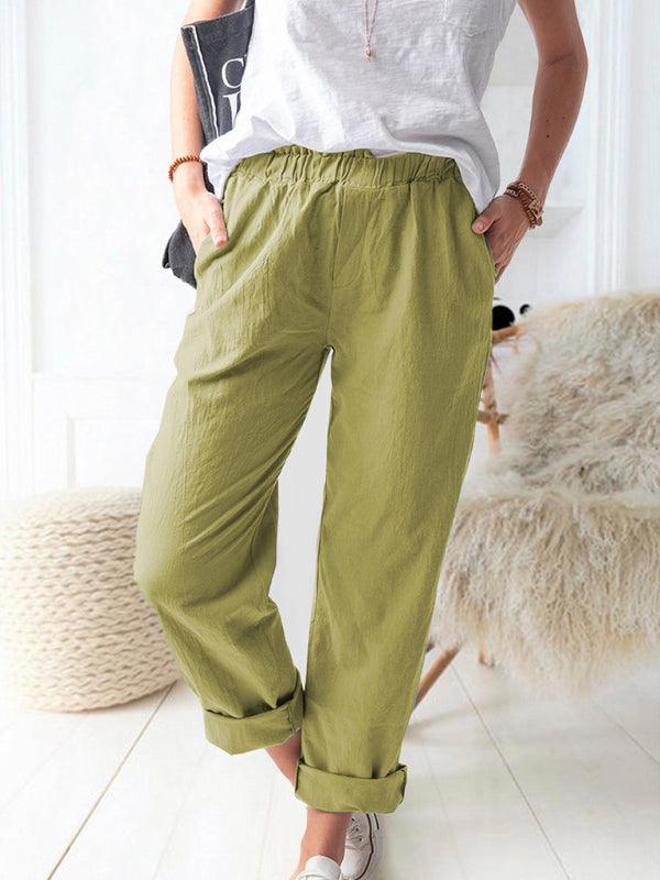 New style solid color casual elastic high waist straight trousers women GreenYellow