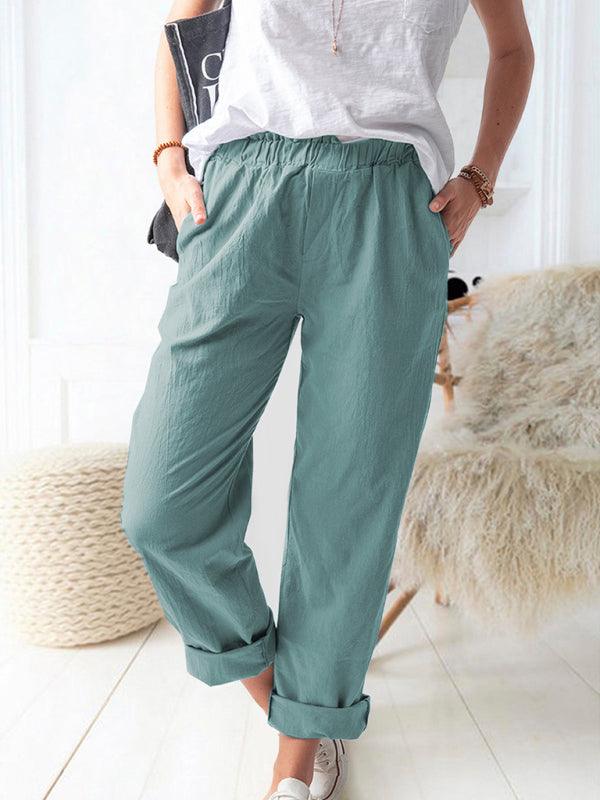 New style solid color casual elastic high waist straight trousers women Acid blue