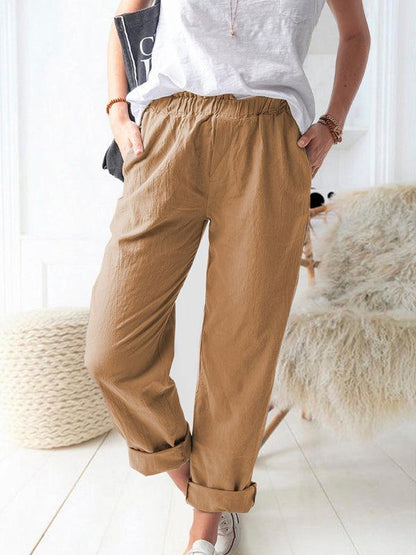 New style solid color casual elastic high waist straight trousers women Orange