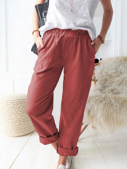 New style solid color casual elastic high waist straight trousers women Red