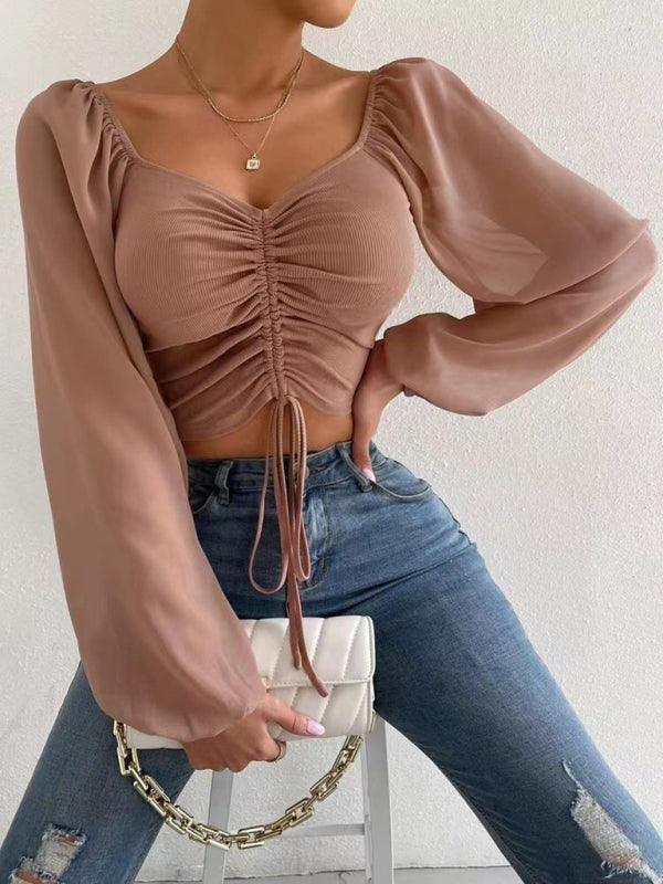 Drawstring Knit Paneled Chiffon Top Feminine Top European and American Khaki