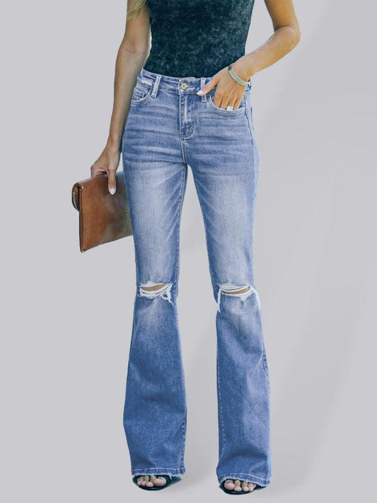 American style bootcut women's jeans high waist slimming ripped jeans Blue