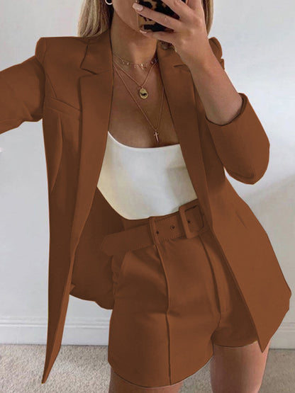 Fashion new sexy temperament stylish casual small suit cardigan suit Brown