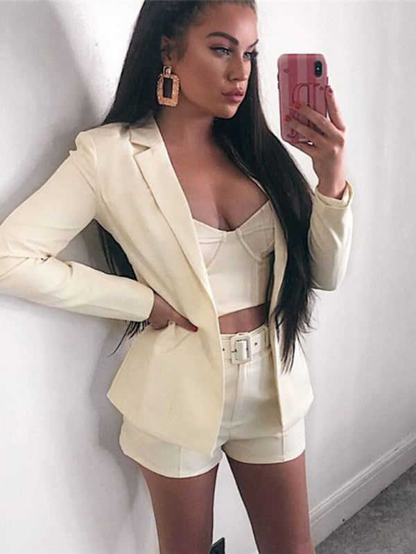 Fashion new sexy temperament stylish casual small suit cardigan suit White