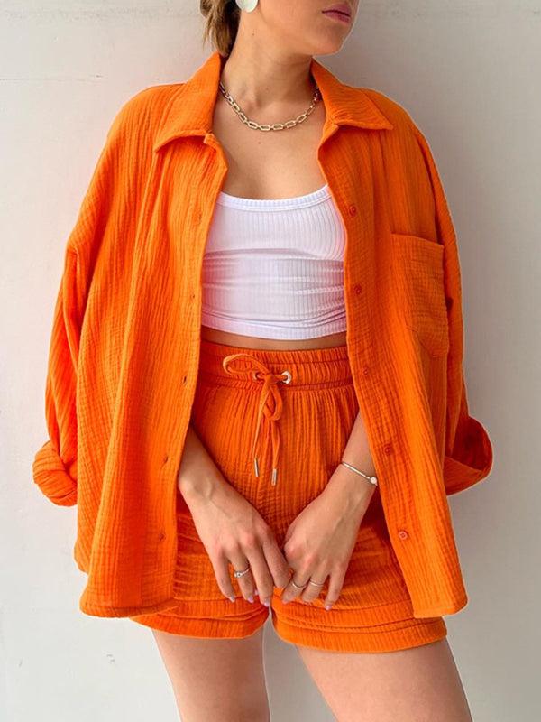 Women's solid color lapel collar shirt & shorts two-piece sets Orange