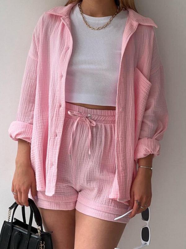 Women's solid color lapel collar shirt & shorts two-piece sets Pink