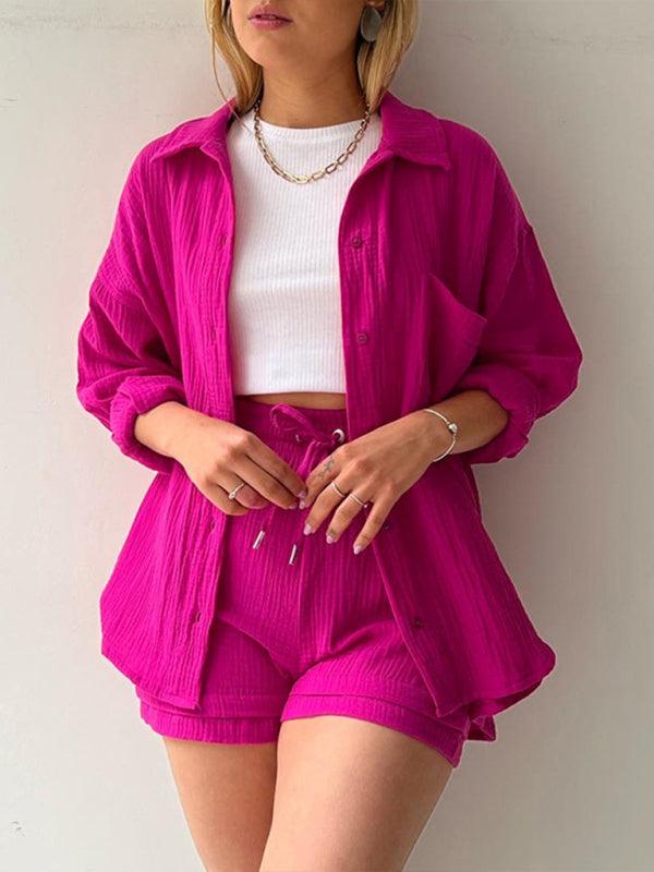 Women's solid color lapel collar shirt & shorts two-piece sets Rose