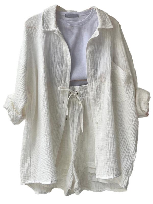 Women's solid color lapel collar shirt & shorts two-piece sets White