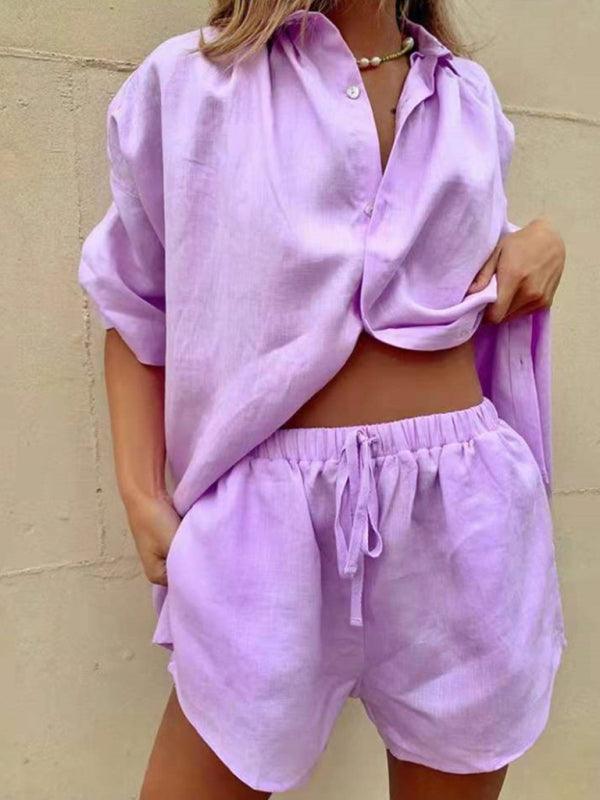 Women's Solid Color Single Breasted Short Sleeve Shirt Shorts Loose Fashion Casual Suit Purple