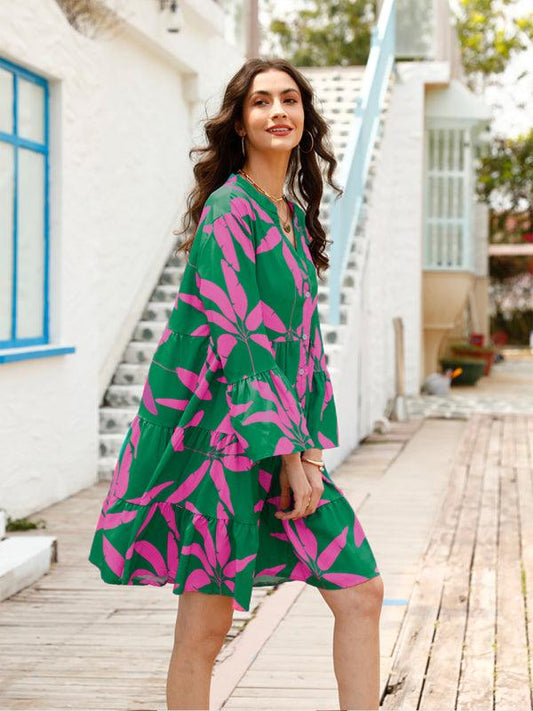 Women's floral print bell sleeve dress Green