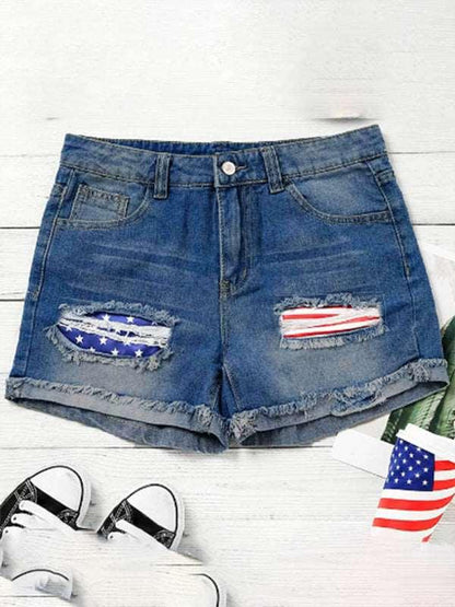 American flag patch skinny denim shorts Clear blue