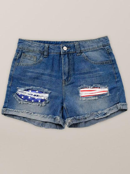 American flag patch skinny denim shorts Clear blue