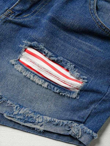 American flag patch skinny denim shorts Clear blue