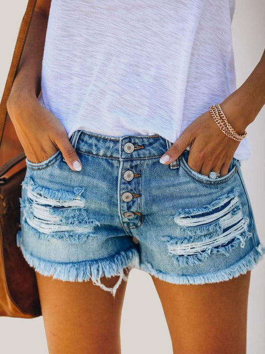 Women's Straight-breasted ripped fringed denim shorts Blue