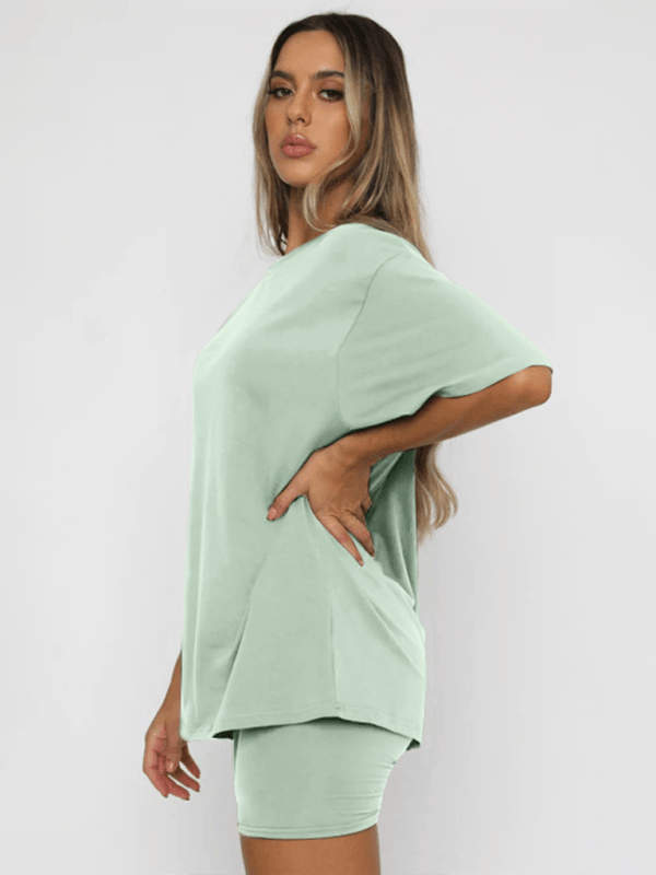 Women's solid color casual short-sleeved + shorts two-piece sets Green