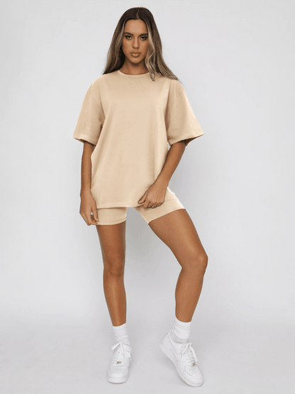 Women's solid color casual short-sleeved + shorts two-piece sets Khaki