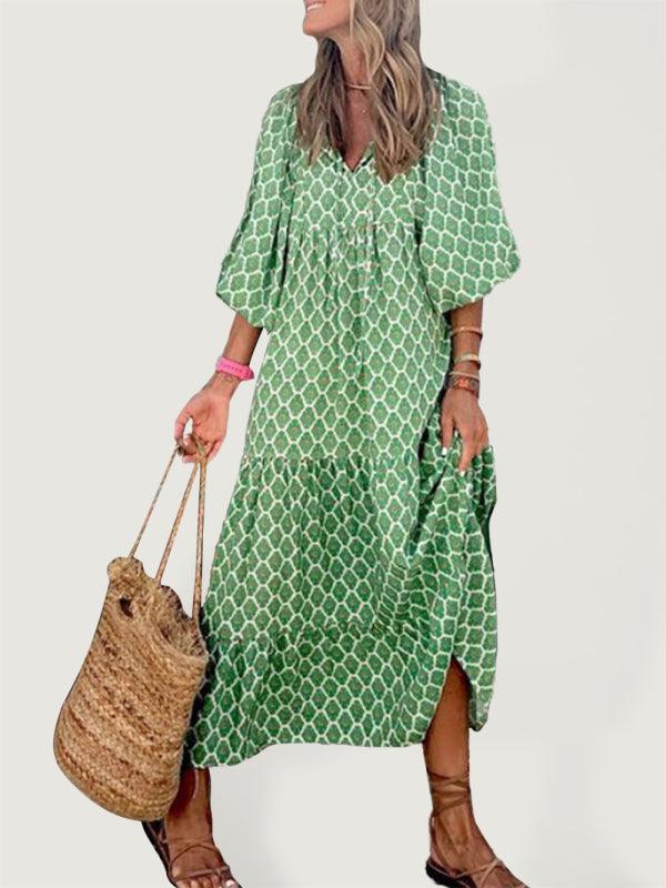 Geometric Collage Puff Sleeve Dress Street Holiday Women's Clothing Green