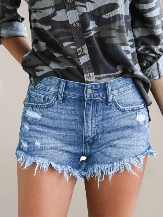 Women's Casual Tassel High Waist Denim Shorts Clear blue