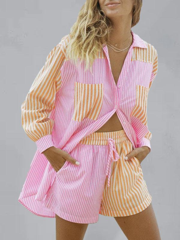 Summer Beach Sportswear Shorts Set Striped Shirt Tops Shorts Set Two-Piece Set Pink