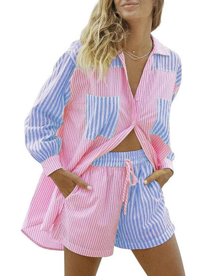 Summer Beach Sportswear Shorts Set Striped Shirt Tops Shorts Set Two-Piece Set Green