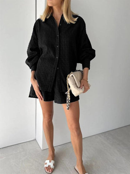 Shirt Jacquard Puff Sleeve Top Shorts Commuter Casual Suit Black