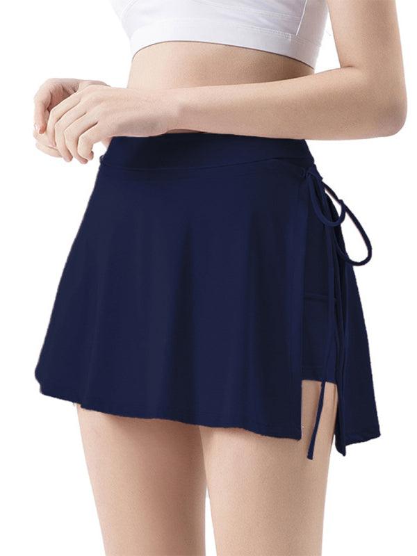 Sports yoga short skirt culottes half body quick-drying pocket skirt side slit strappy skirt Dark blue