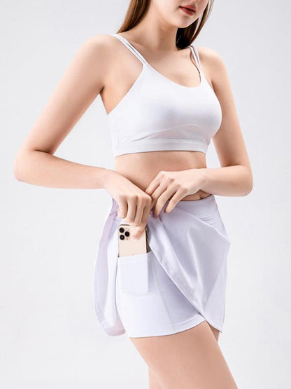 Sports yoga short skirt culottes half body quick-drying pocket skirt side slit strappy skirt Dark blue