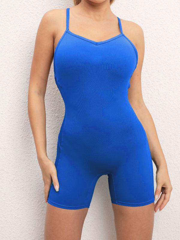 Sexy buttocks yoga pants sports one-piece fitness pants open back cross jumpsuit Purplish blue navy