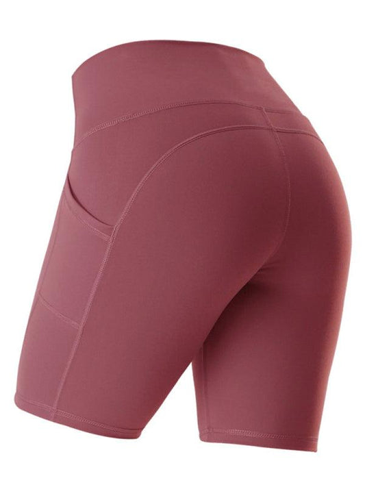 Ladies Stitching Five Point Sports Pocket Tight Fitness High Waist Hip Lifting Cycling Yoga Shorts Red bean grey