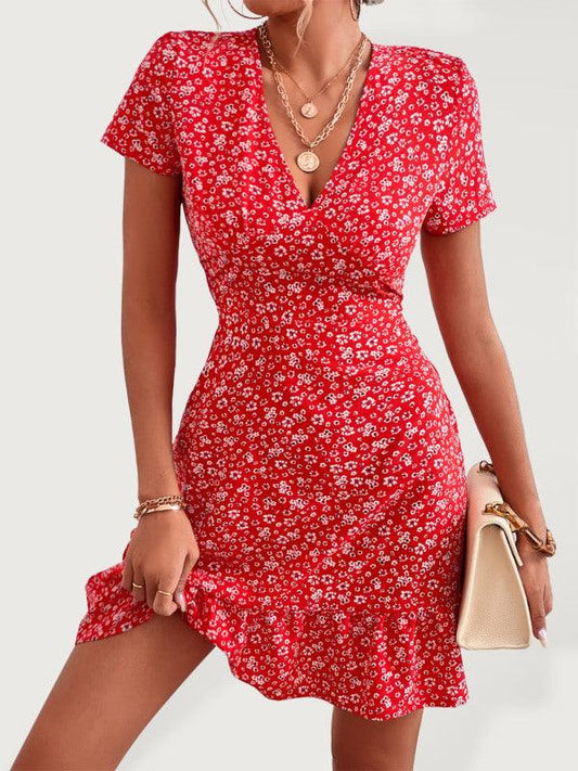 Women's Woven V Neck Short Sleeve Printed Dress Red