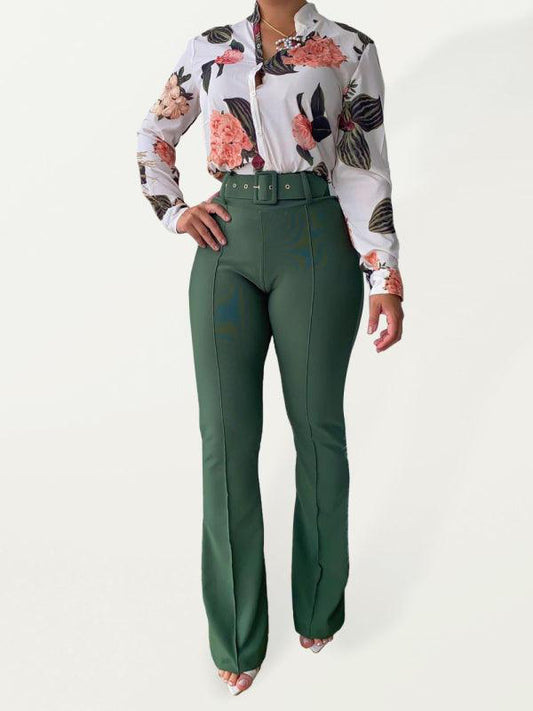 Set printed long-sleeved shirt top wide-leg pants two-piece set Printing 1