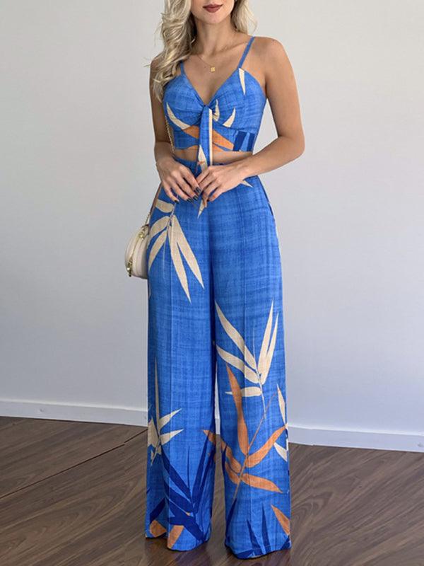 Linen-like casual suit V-neck high-waist printed wide-leg pants two-piece set Blue