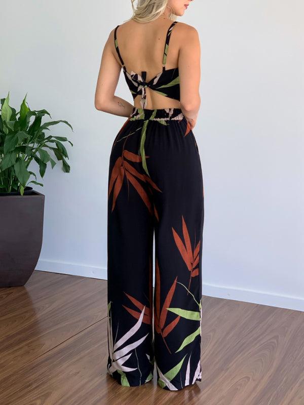 Linen-like casual suit V-neck high-waist printed wide-leg pants two-piece set Black