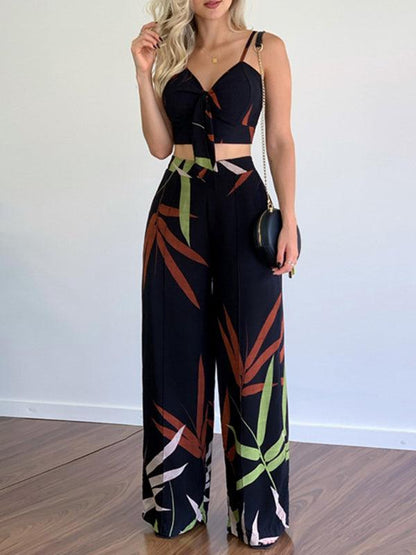 Linen-like casual suit V-neck high-waist printed wide-leg pants two-piece set Black