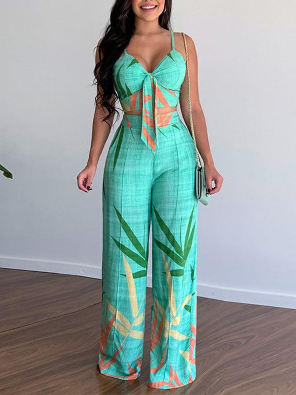 Linen-like casual suit V-neck high-waist printed wide-leg pants two-piece set Orange