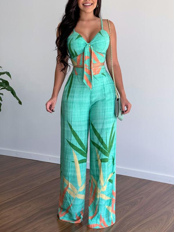 Linen-like casual suit V-neck high-waist printed wide-leg pants two-piece set Green