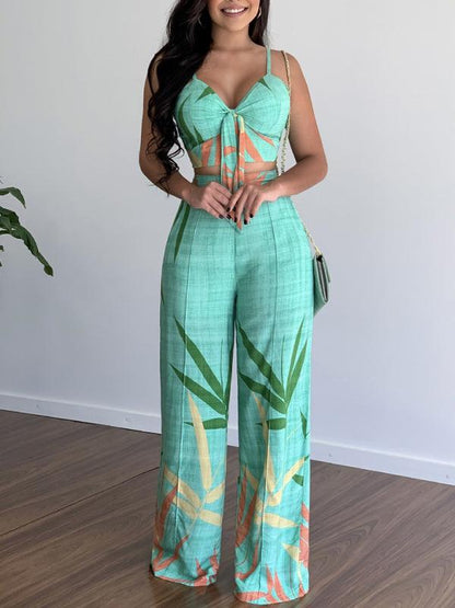 Linen-like casual suit V-neck high-waist printed wide-leg pants two-piece set Green