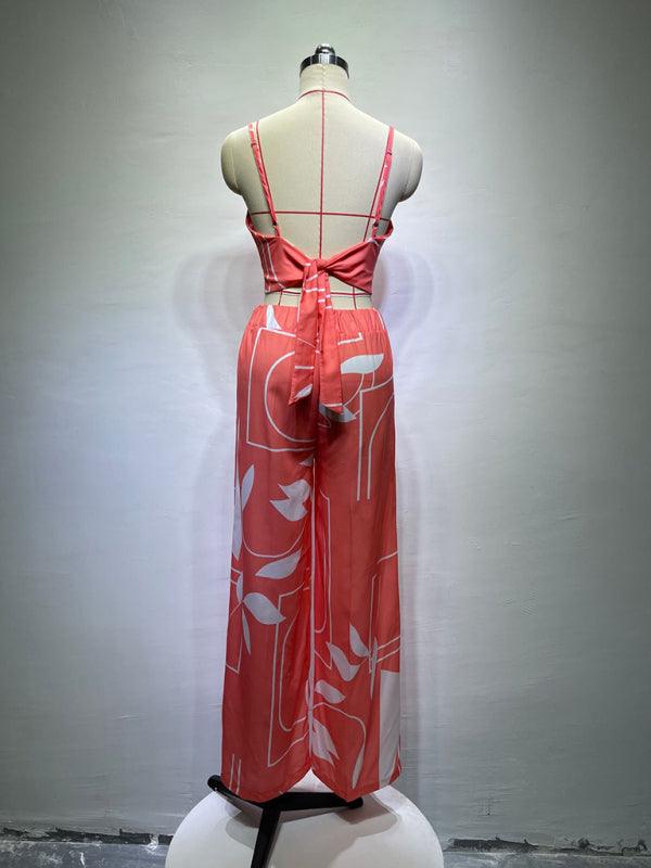 Linen-like casual suit V-neck high-waist printed wide-leg pants two-piece set Pink