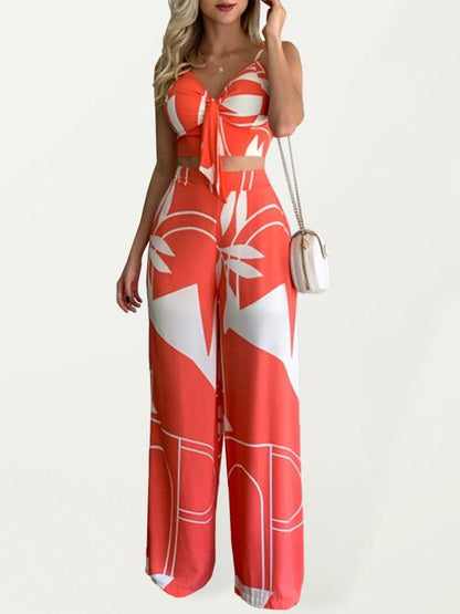 Linen-like casual suit V-neck high-waist printed wide-leg pants two-piece set Orange