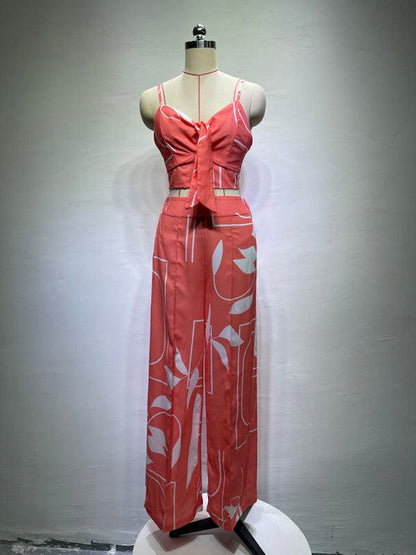 Linen-like casual suit V-neck high-waist printed wide-leg pants two-piece set Pink