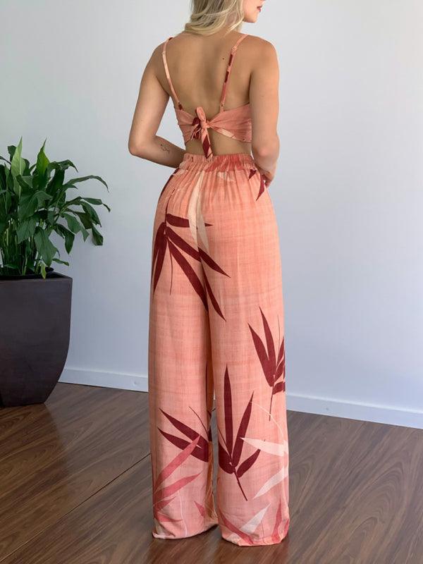 Linen-like casual suit V-neck high-waist printed wide-leg pants two-piece set Pink