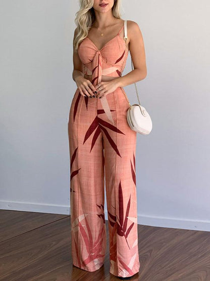 Linen-like casual suit V-neck high-waist printed wide-leg pants two-piece set Pink