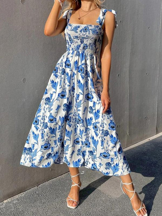 Sexy Slim Dress Sleeveless Sling Print Temperament Women's Long Dress Clear blue