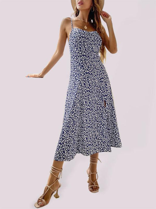 New floral suspender dress slim fit slit print dress Blue