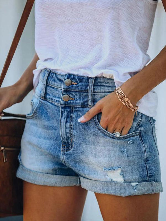 Trendy ripped rolled edge elastic high waist denim shorts women's hot pants Clear blue