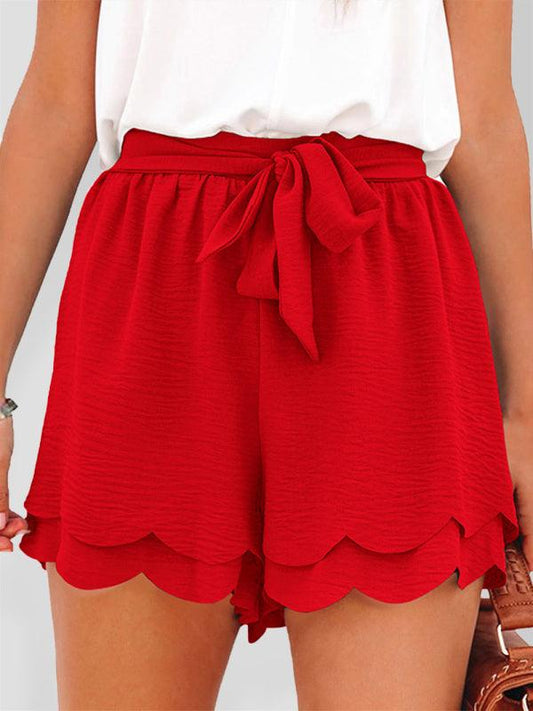 Women's Layered Petal Butterfly End Waist Lounge Short with Belt Red