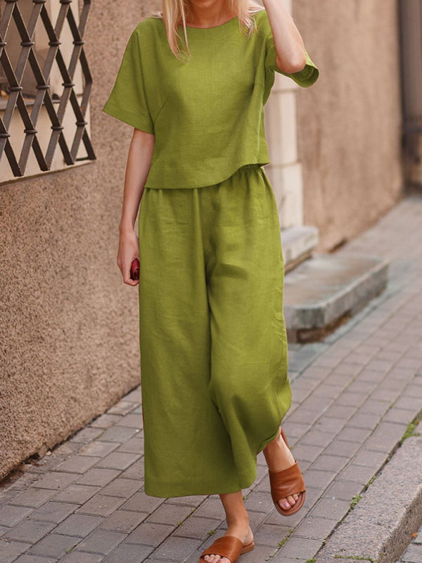 Women's Casual Short Sleeve Cotton Pants Set GreenYellow