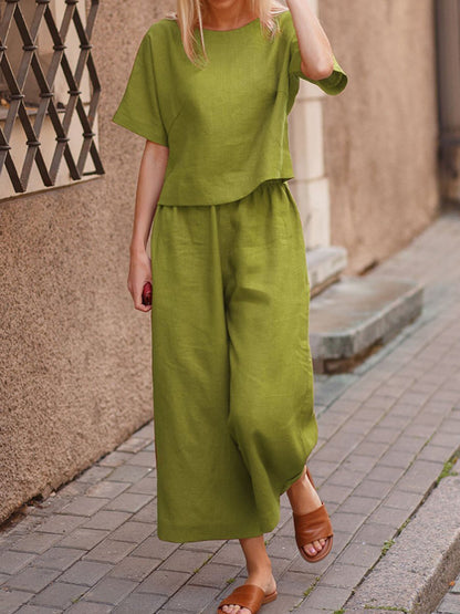 Women's Casual Short Sleeve Cotton Pants Set GreenYellow