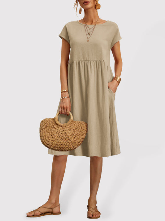 Women's Solid Color Round Neck A-Line Dress Khaki